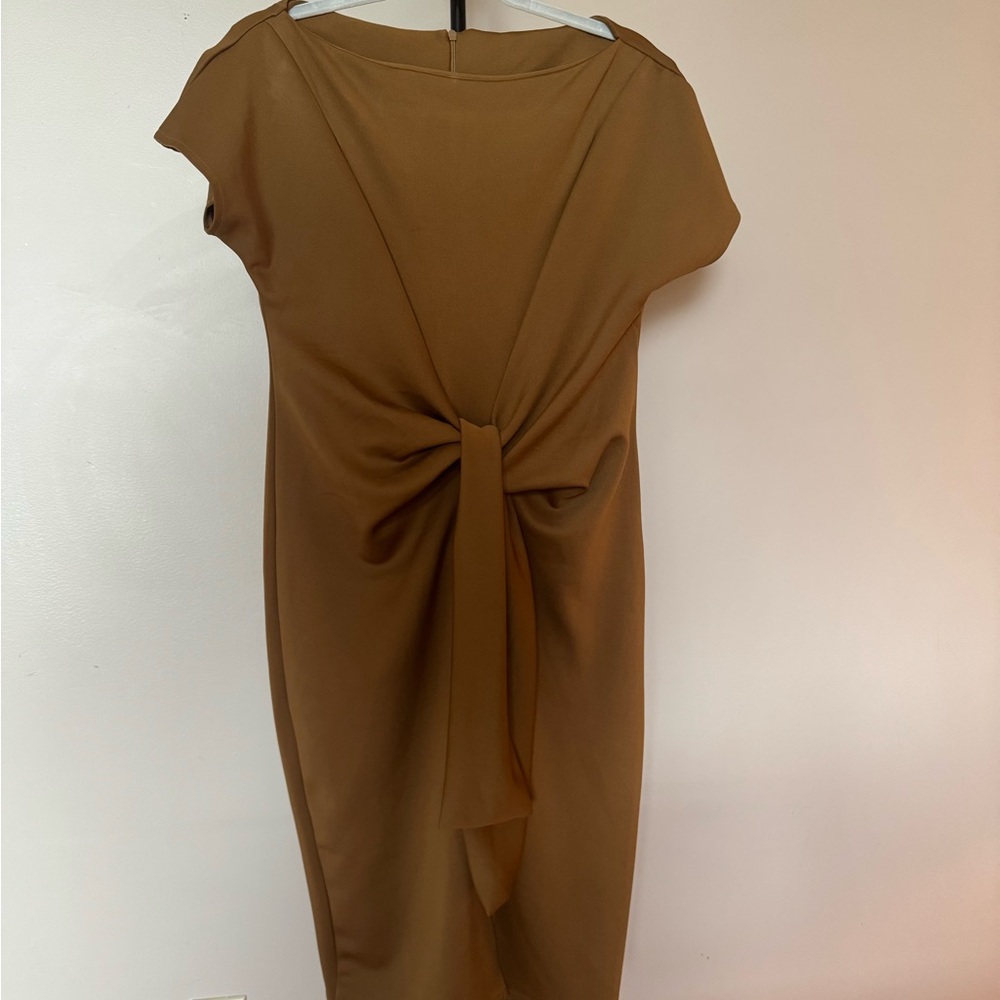Elegant Tan Dress with Bow Detail